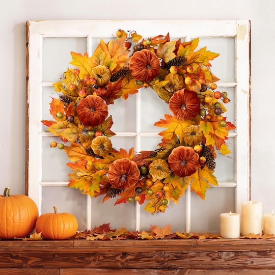 Glitzhome® 24" Fall Velvet Pumpkin, Pinecone & Berry Wreath with Black Metal Wreath Hanger